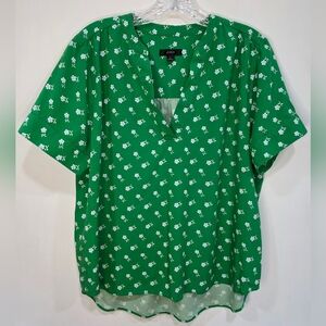 J.Crew Women's Green & Blue Pleated Band-Collar Top Blouse Large V-Neck